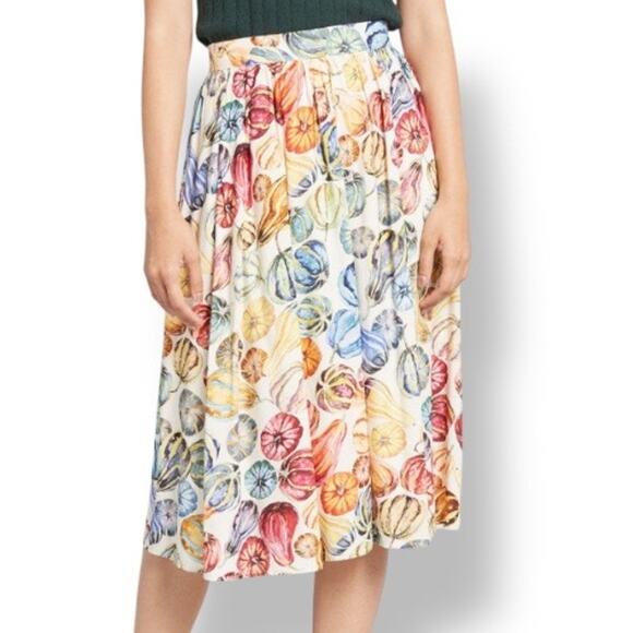 ModCloth Watercolor Gourd Print Pleated Midi Skirt Pockets Fall Autumn Small - Picture 1 of 11